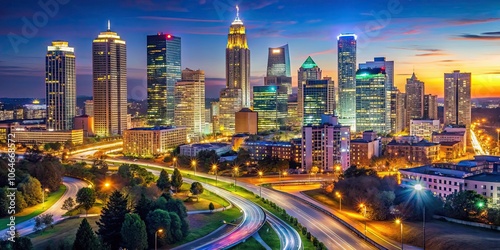 Downtown Atlanta skyline illuminated at night with colorful lights , Atlanta, Georgia, urban, cityscape, architecture