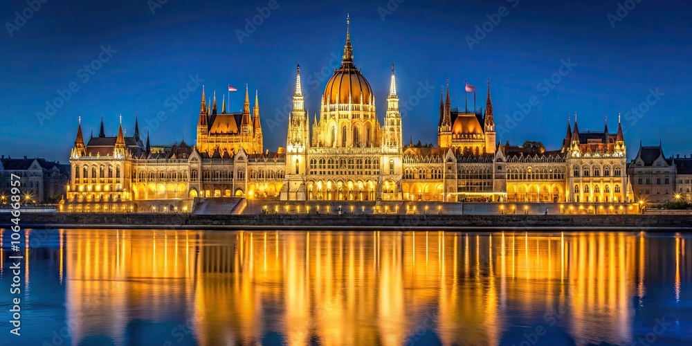 Fototapeta premium Night view of Budapest parliament with lights reflecting on the Danube River from the Buda coast