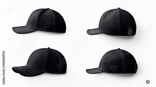 Four perspectives of a black baseball cap with white stitching on a white background, showcasing side and rear views with varying angles and details of the hat.