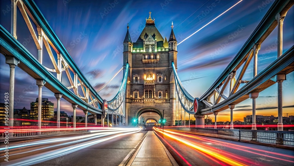 Fototapeta premium London Tower Bridge illuminated at night with light trails of moving buses passing through, UK, London