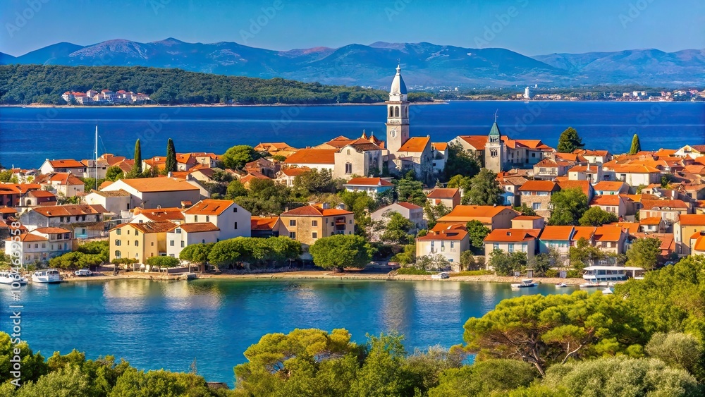 Distant view of small Dalmatian town of Biograd Na moru, Croatia from Turanj , Biograd Na moru, Croatia, Dalmatian Distant view of small Dalmatian town of Biograd Na moru, Croatia from Turanj , Biograd Na moru, Croatia, Dalmatian