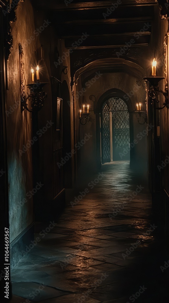 Obraz premium Mysterious Dark Hallway with Flickering Lights