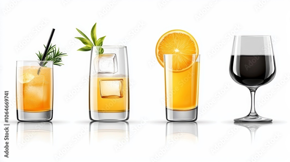 Variety of Realistic Drink Glasses Set Isolated on White Background
