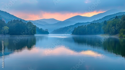 A serene lake nestled between misty mountains, reflecting a soft pink sunset. AI generative. .