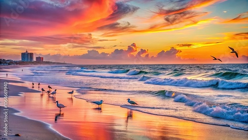 Dreamy pink peach orange sunset over Santa Rosa Beach, Florida with Pensacola coastline skyline, ocean waves, and birds