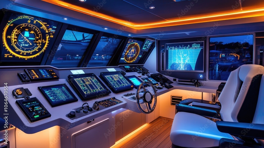 Modern Yacht Bridge with Advanced Navigation Systems and Control Panel Modern Yacht Bridge with Advanced Navigation Systems and Control Panel