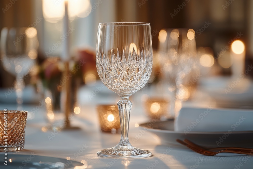Elegant crystal wine glass on a formal dinner table setting at sunset Elegant crystal wine glass on a formal dinner table setting at sunset