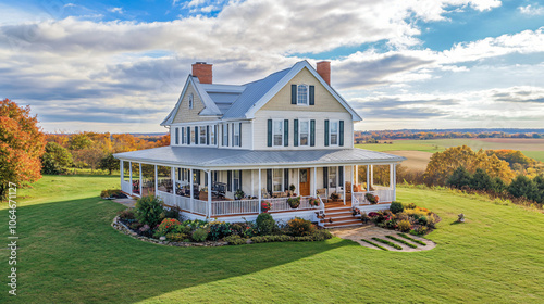 A charming countryside estate with a wrap-around porch, perfect for Thanksgiving gatherings. photo