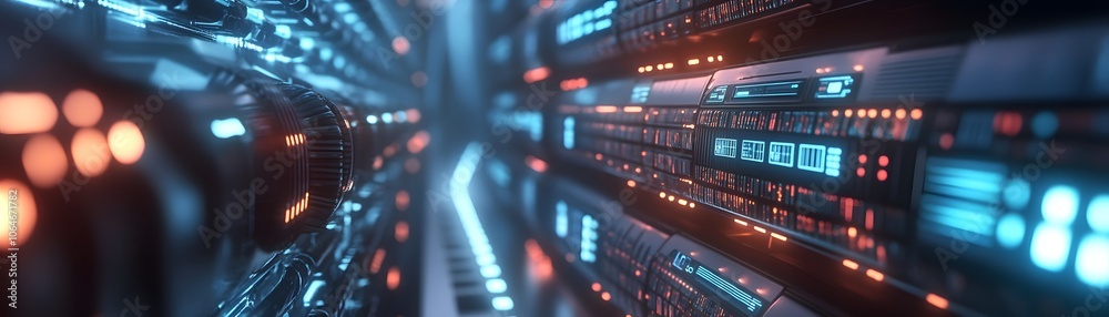 Close-up of Futuristic Server Racks with Glowing Blue and Orange Lights Close-up of Futuristic Server Racks with Glowing Blue and Orange Lights