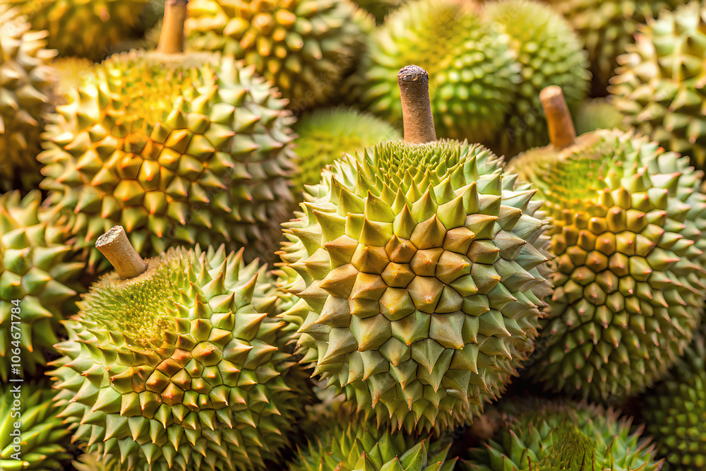 Pile of fresh and ripe Durian fruits at a market stall Pile of fresh and ripe Durian fruits at a market stall