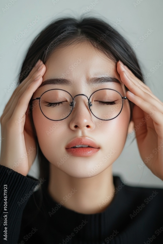 Young Asian Woman with Headache Holding Temples in Discomfort