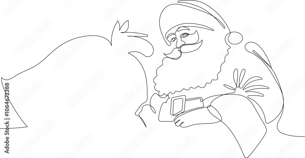 Outlined Cute Santa Claus Cartoon Character With A Sack Full Of Gifts. Vector Hand Drawn Illustration. One continuous line drawing Santa Claus on reindeer and sled. concept for Christmas and New Year Outlined Cute Santa Claus Cartoon Character With A Sack Full Of Gifts. Vector Hand Drawn Illustration. One continuous line drawing Santa Claus on reindeer and sled. concept for Christmas and New Year