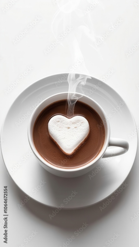 Hot chocolate with heart-shaped marshmallow on white background. Hot chocolate with heart-shaped marshmallow on white background.