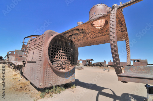 The train cemetery on Salar de Uyuni or salt desert of Uyuni, Bolivia, South America