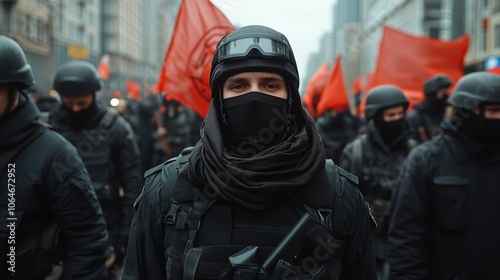 Urban protest with red flags and participants in tactical gear in city street. photo