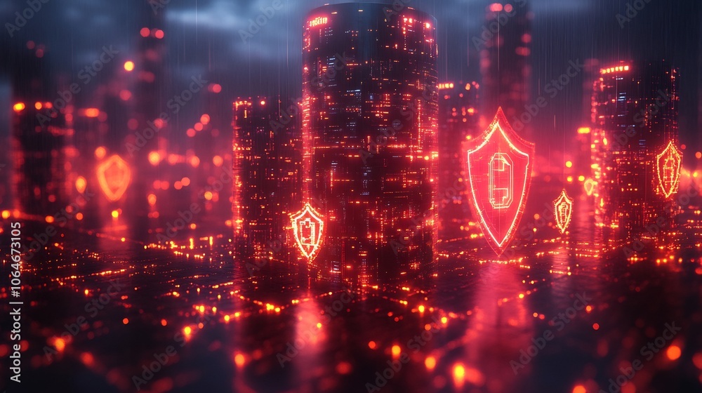 Obraz premium Digital visualization of protected national cyber infrastructure with glowing networks representing governmentlevel data protection