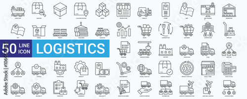 Logistics icon set with cargo ship, purchasing, business, goods, consumption, customer, corporation, inventory, supplier and transportation
