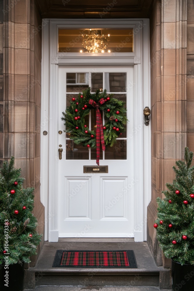 Festive christmas doorway with wreath and holiday decorations First-Foot Day