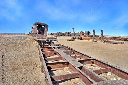 The train cemetery on Salar de Uyuni or salt desert of Uyuni, Bolivia, South America