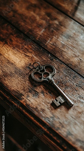 Antique Key Resting on Wooden Table Surface