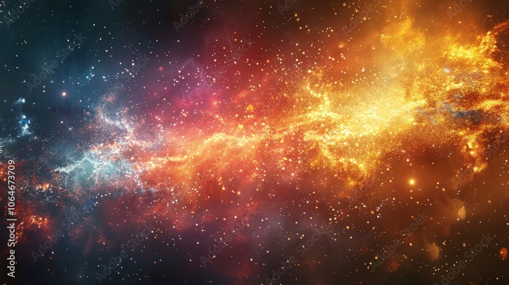 Naklejka premium Abstract galaxy with orange, red and blue hues with light, sparkling stars. AI generative. .