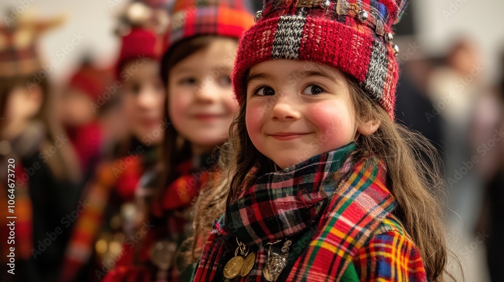 Children in festive plaid attire during cultural winter celebration First-Foot Day Children in festive plaid attire during cultural winter celebration First-Foot Day