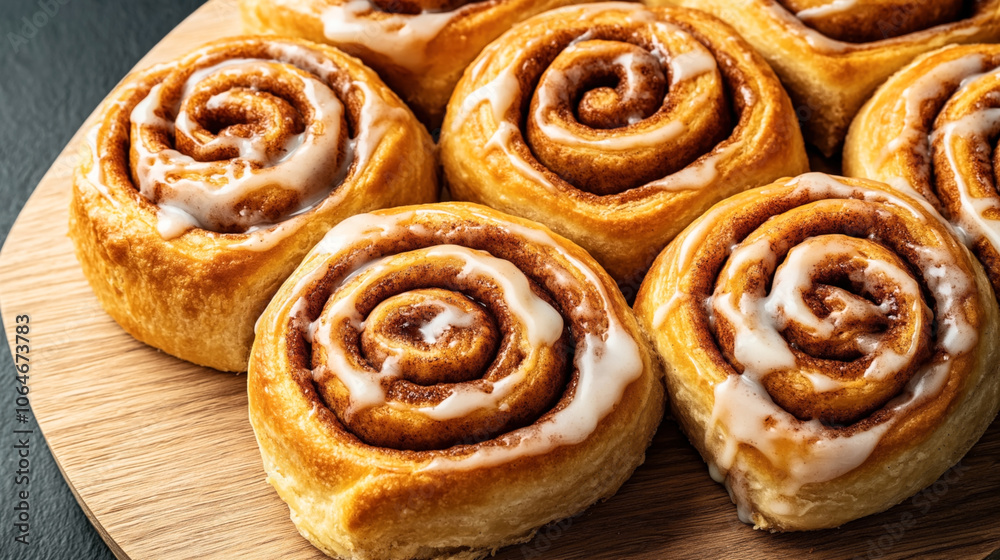 Close-up of freshly baked cinnamon rolls with icing on a wooden board Close-up of freshly baked cinnamon rolls with icing on a wooden board