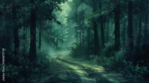 Dark and mysterious forest path evoking a sense of fantasy and adventure concept.