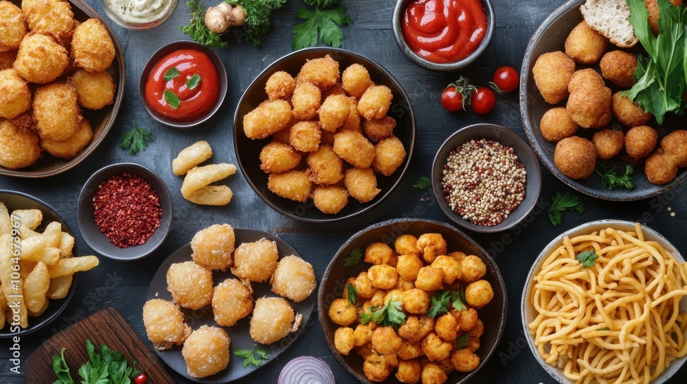Delicious assorted appetizers and dips on rustic table setting for a tasty gathering Delicious assorted appetizers and dips on rustic table setting for a tasty gathering