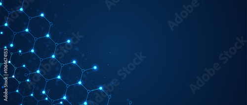 Hexagons pattern on blue background. Genetic research, molecular structure. Chemical engineering. Concept of innovation technology. Used for design healthcare, science and medicine background