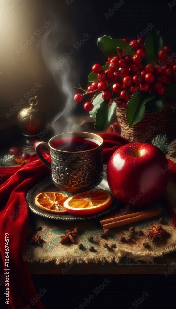 Steaming cup of mulled cider and a red apple. Decorative surface with red velvet fabric, orange slices and cloves. In soft, natural lighting. Steaming cup of mulled cider and a red apple. Decorative surface with red velvet fabric, orange slices and cloves. In soft, natural lighting.
