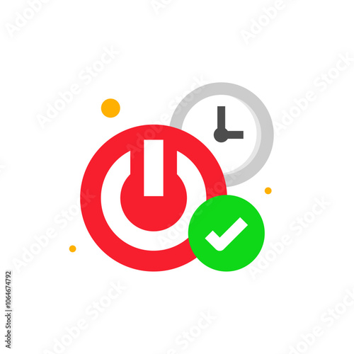 illustration of auto off feature with a power, clock, and check mark icon. Represents energy saving or automatic shutdown functionality. for use in technology, electronics, or ui designs