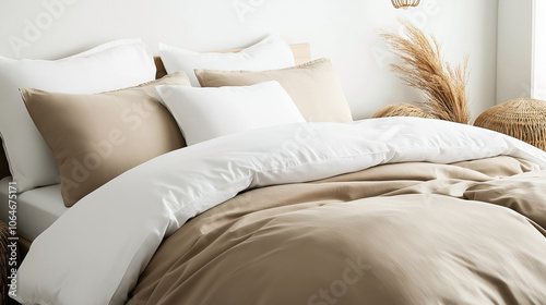 Elegant bedroom interior with neatly arranged beige and white pillows, soft duvet, and decorative aesthetic elements on a cozy bed