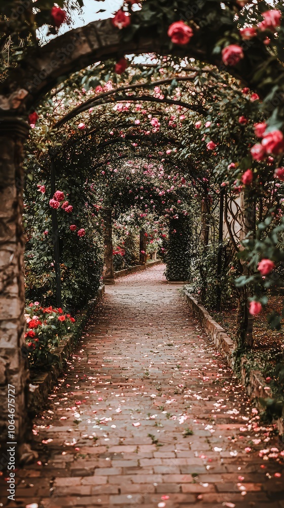 Fototapeta premium Charming Garden Walkway with Arching Trellises