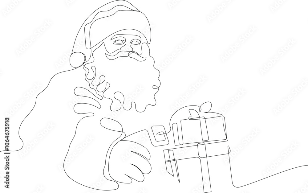 Outlined Cute Santa Claus Cartoon Character With A Sack Full Of Gifts. Vector Hand Drawn Illustration. One continuous line drawing Santa Claus on reindeer and sled. concept for Christmas and New Year Outlined Cute Santa Claus Cartoon Character With A Sack Full Of Gifts. Vector Hand Drawn Illustration. One continuous line drawing Santa Claus on reindeer and sled. concept for Christmas and New Year