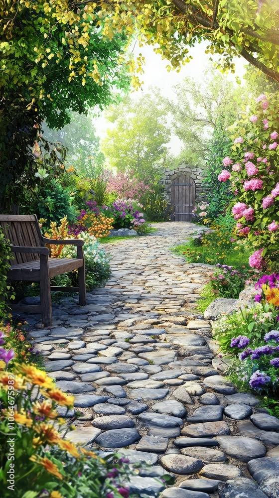 Charming Country Garden with Stone Pathway Charming Country Garden with Stone Pathway