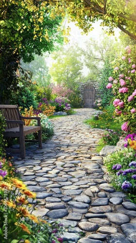 Charming Country Garden with Stone Pathway