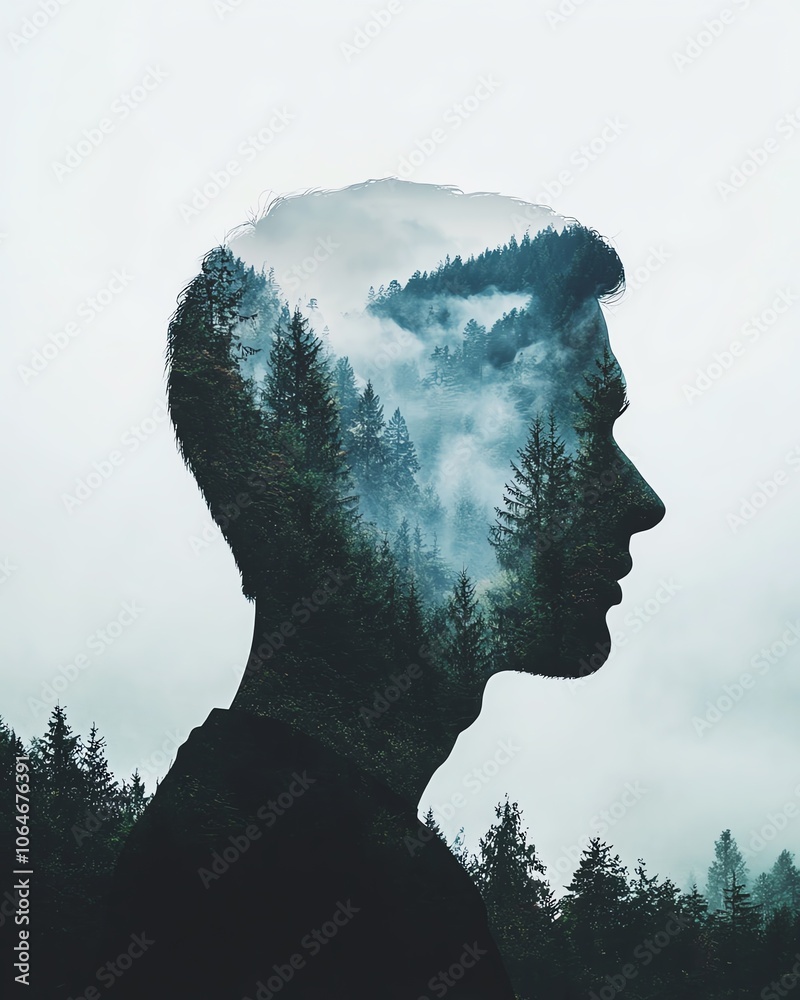 Human silhouette double exposure with misty forest interior, ethereal fog, mysterious atmosphere, deep emotional portrait Human silhouette double exposure with misty forest interior, ethereal fog, mysterious atmosphere, deep emotional portrait