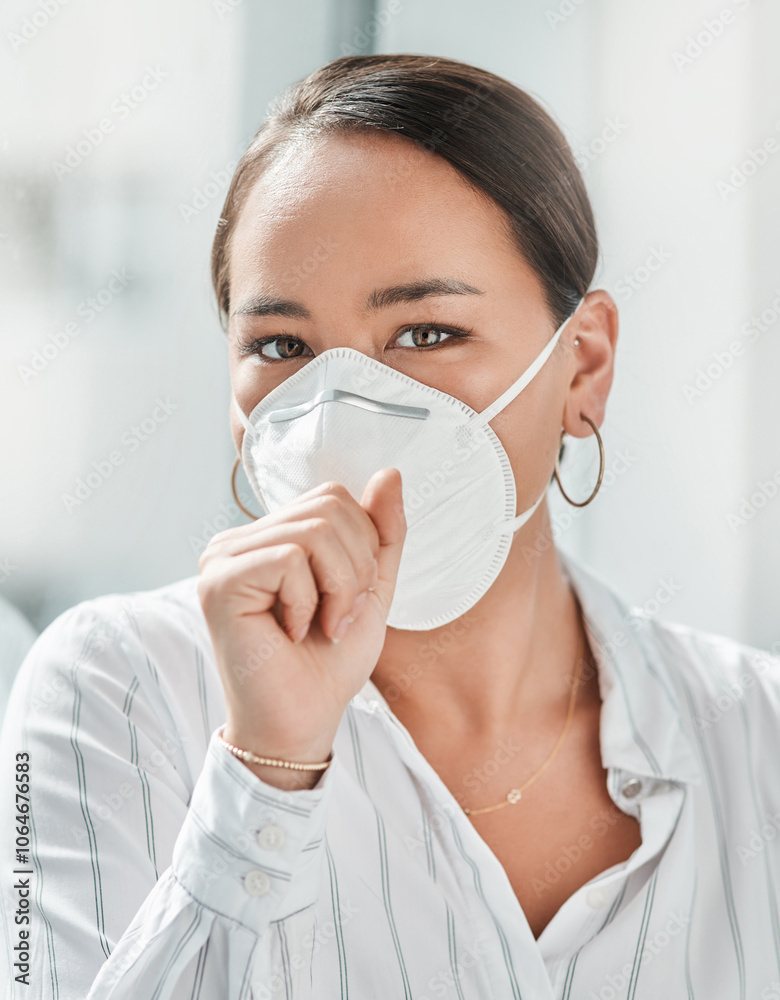 Cough, portrait and face mask with business woman for air quality inspector, fumigation company and safety. Ventilation consultant, emergency guidelines and pollution with person for health policy Cough, portrait and face mask with business woman for air quality inspector, fumigation company and safety. Ventilation consultant, emergency guidelines and pollution with person for health policy