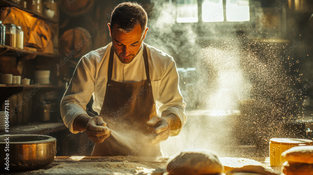 Male baker dusting flour in bakery kitchen during morning sunlight
