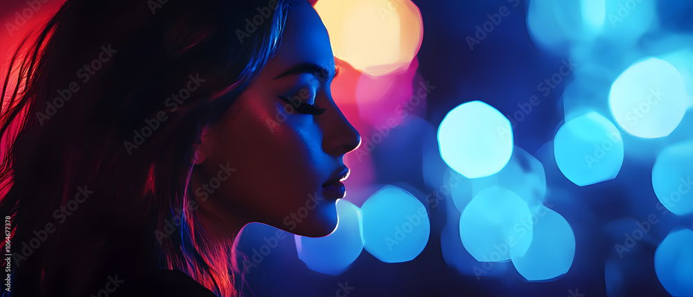 Womans Profile Silhouetted Against Colorful Bokeh Lights Womans Profile Silhouetted Against Colorful Bokeh Lights
