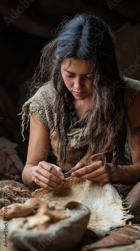 Seamstress Creating in the Stone Age Setting photo