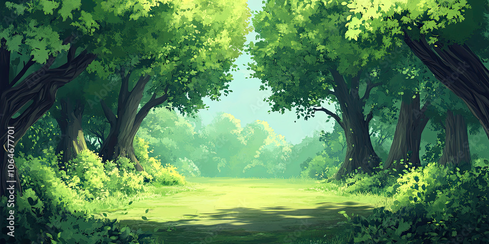 Woodland forest background banner, cartoon anime style graphic resource wide backdrop, empty space, trees wallpaper Woodland forest background banner, cartoon anime style graphic resource wide backdrop, empty space, trees wallpaper
