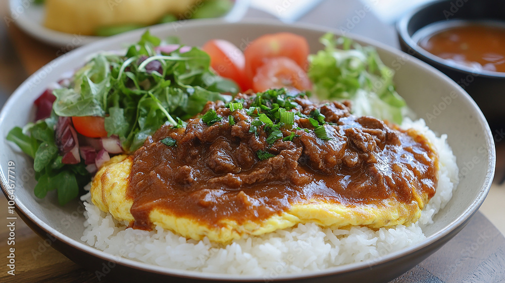 Fluffy omurice topped with rich beef stew served with Fluffy omurice topped with rich beef stew served with