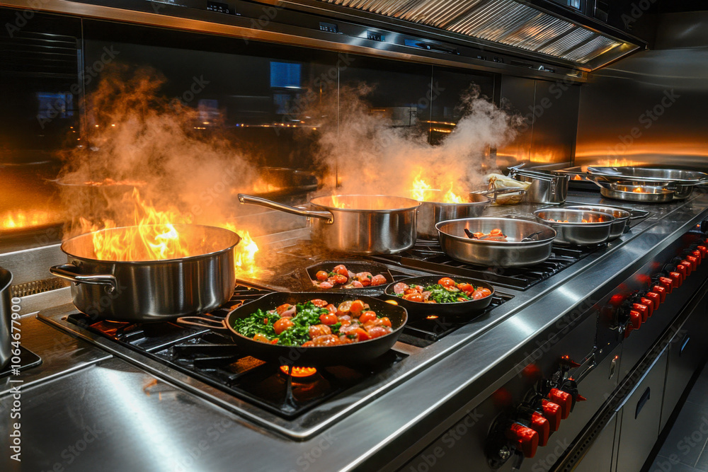 Professional kitchen with multiple pots and pans cooking on an industrial stove Professional kitchen with multiple pots and pans cooking on an industrial stove