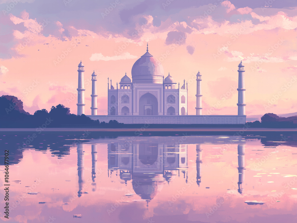 Fototapeta premium India, aesthetic anime style background of the Taj Mahal in India in pastel colors, reflecting on calm waters, surrounded by soft pink and peach tones at sunrise, creating a dreamy atmosphere.