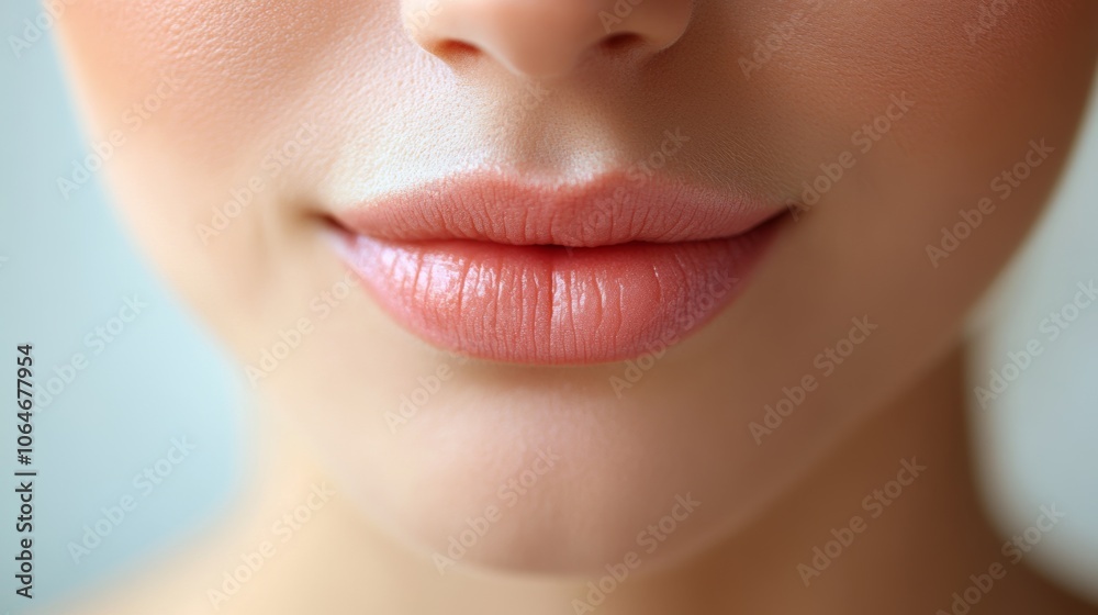 Obraz premium A close-up picture shows a young woman with flawless skin and soft pink lips. The background is light and simple.