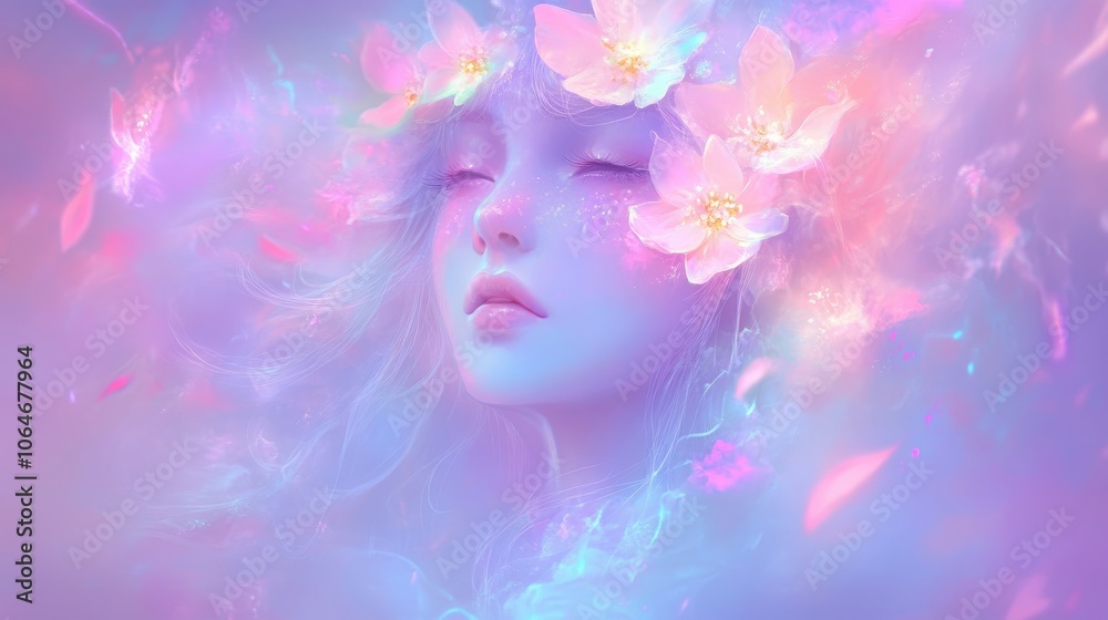 Ethereal portrait of a serene figure adorned with delicate flowers amidst a vibrant, dreamy background filled with soft colors Ethereal portrait of a serene figure adorned with delicate flowers amidst a vibrant, dreamy background filled with soft colors