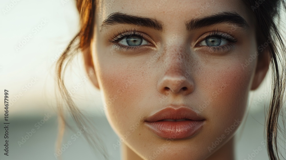 A close-up picture shows a young woman with flawless skin and soft pink lips. The background is light and simple. A close-up picture shows a young woman with flawless skin and soft pink lips. The background is light and simple.