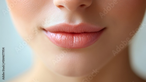 A close-up picture shows a young woman with flawless skin and soft pink lips. The background is light and simple.